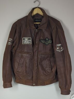 Vintage Brown Leather Bomber Jacket Aviator Pilot Style Distressed Patch Detail